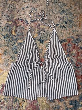 Striped Halter Tie-Front Crop Top - Black & White
